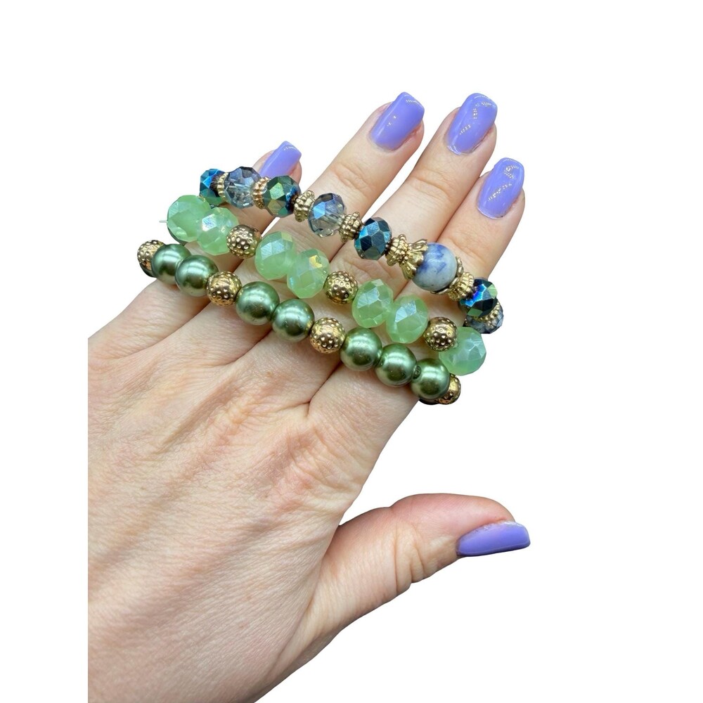 Green Beaded Stretch Bracelet Stack – Faceted Crystal & Glass Pearl Bracelet Set